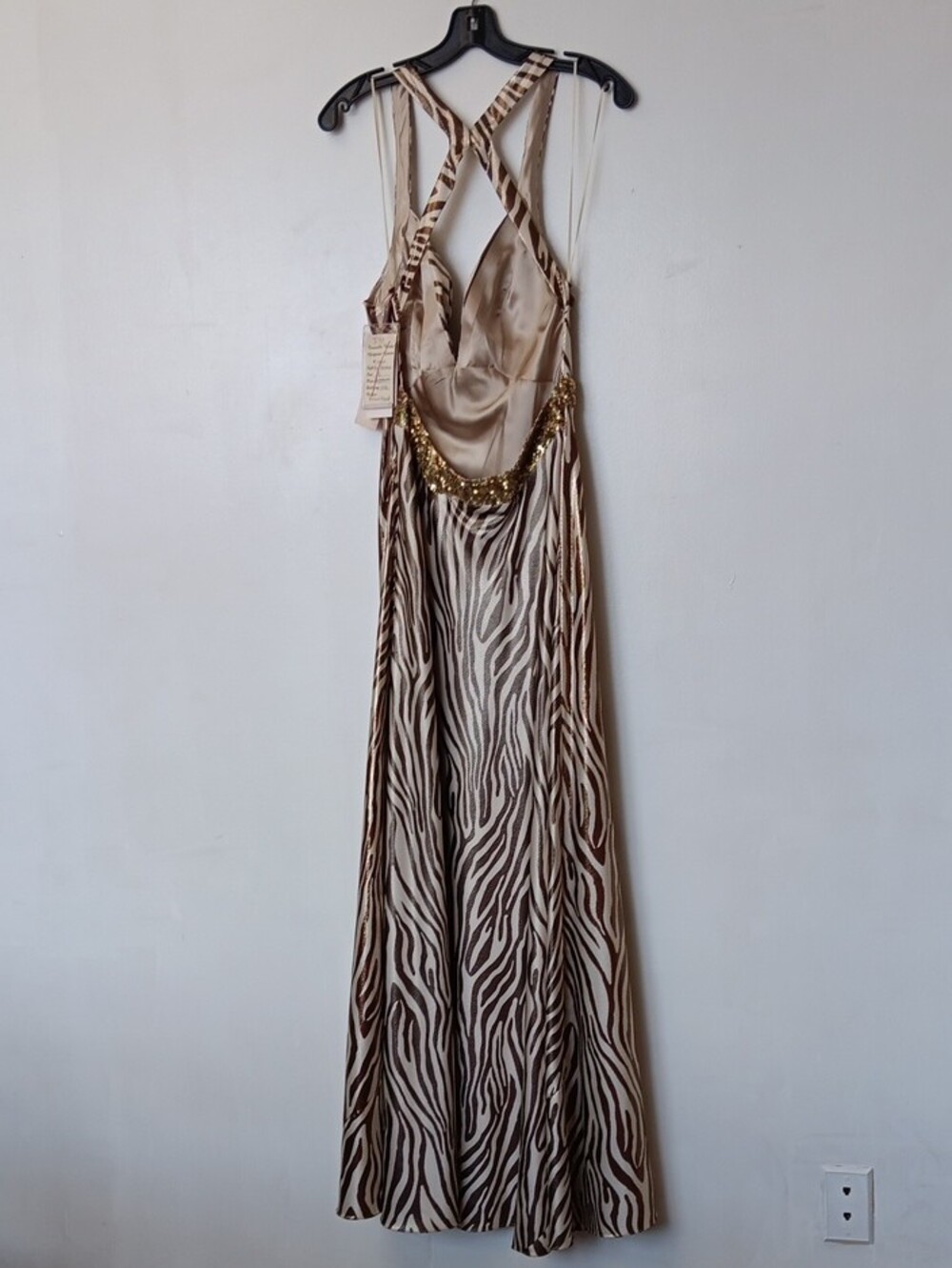 Vintage La Femme Gold and Brown Zebra-Print Maxi Dress with Embellished Waist - Picture 2 of 16